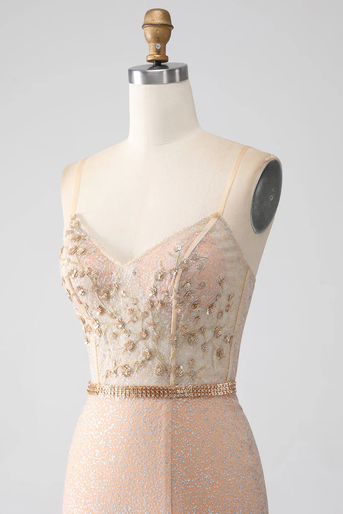 Weitese Dress Mermaid Champagne Spaghetti Straps Party Dress Sleeveless Maxi Dress With Slit Prom Dress