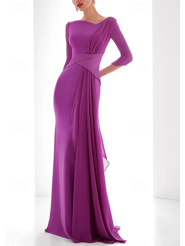 Weitese Dress Mermaid Elegant Dress Formal Fall Floor Length 3/4 Length Sleeve V Neck Chiffon With Ruched Ruffles Evening Dress