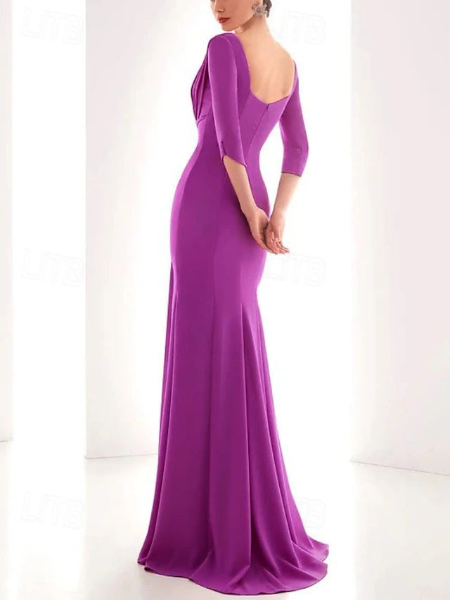 Weitese Dress Mermaid Elegant Dress Formal Fall Floor Length 3/4 Length Sleeve V Neck Chiffon With Ruched Ruffles Evening Dress