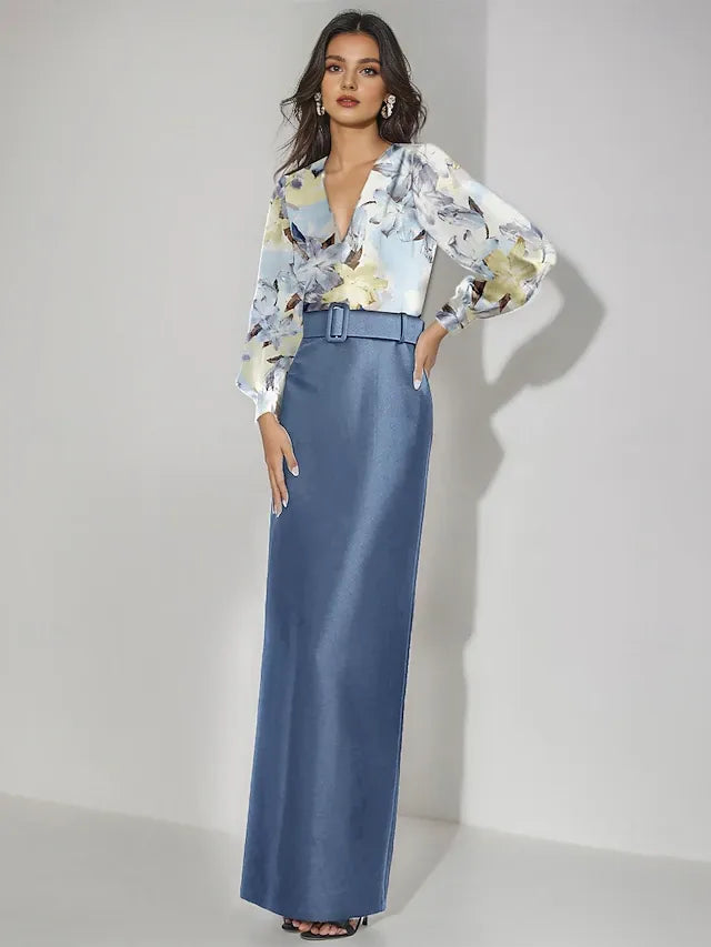 Weitese Dress Mermaid Evening Dress Formal Wedding Floor Length Long Sleeve V Neck Satin With Floral Print Wedding Guest Dress