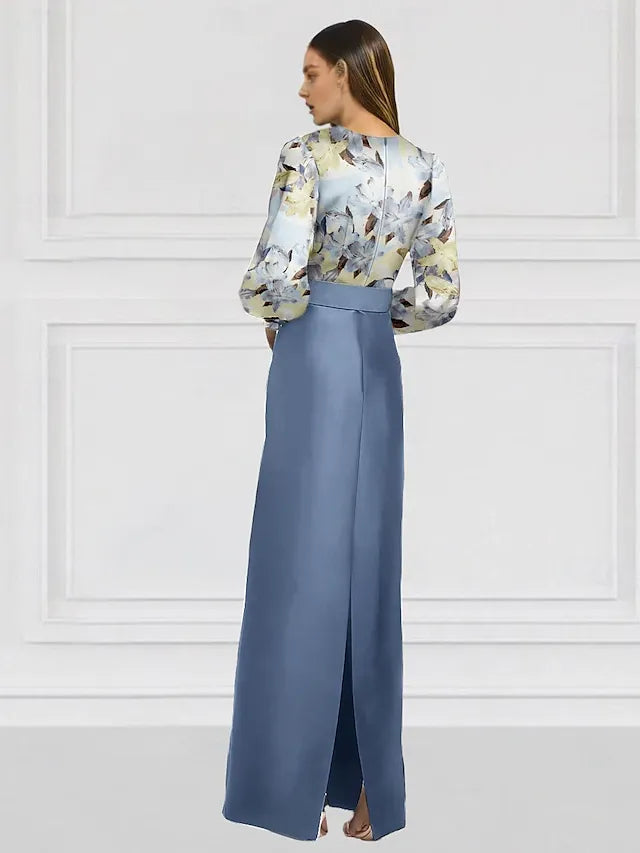 Weitese Dress Mermaid Evening Dress Formal Wedding Floor Length Long Sleeve V Neck Satin With Floral Print Wedding Guest Dress