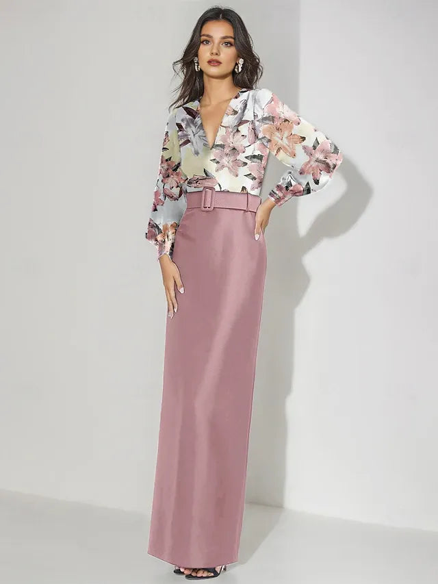 Weitese Dress Mermaid Evening Dress Formal Wedding Floor Length Long Sleeve V Neck Satin With Floral Print Wedding Guest Dress