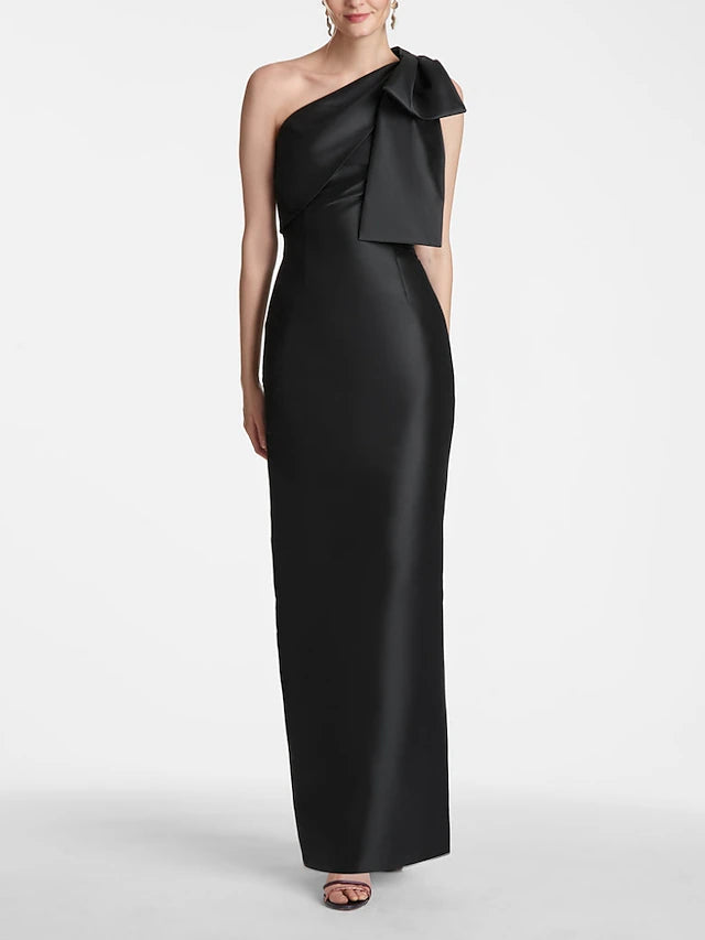 Weitese Dress Mermaid Formal Wedding Guest Ankle Length Sleeveless One Shoulder Satin With Bow(s) Slit Evening Dress