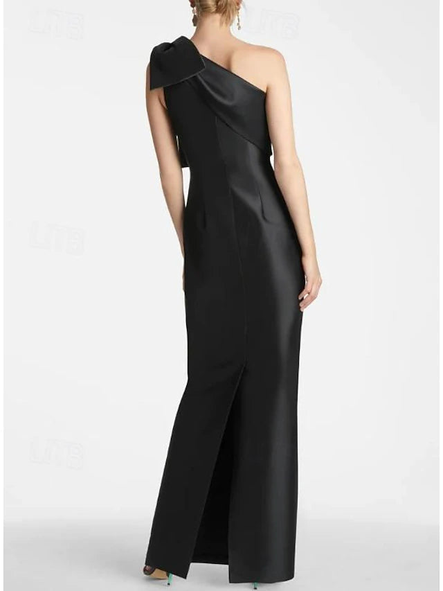Weitese Dress Mermaid Formal Wedding Guest Ankle Length Sleeveless One Shoulder Satin With Bow(s) Slit Evening Dress