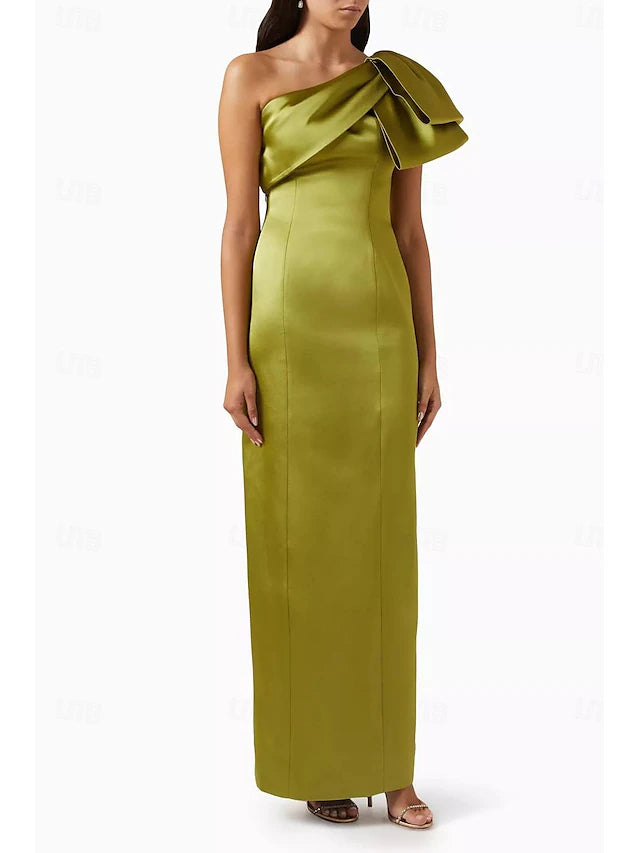 Weitese Dress Mermaid Formal Wedding Guest Ankle Length Sleeveless One Shoulder Satin With Bow(s) Slit Evening Dress