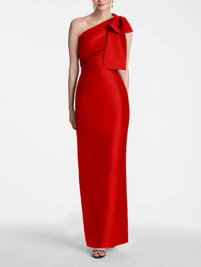 Weitese Dress Mermaid Formal Wedding Guest Ankle Length Sleeveless One Shoulder Satin With Bow(s) Slit Evening Dress