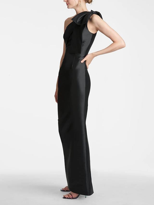 Weitese Dress Mermaid Formal Wedding Guest Ankle Length Sleeveless One Shoulder Satin With Bow(s) Slit Evening Dress