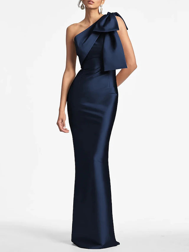 Weitese Dress Mermaid Formal Wedding Guest Ankle Length Sleeveless One Shoulder Satin With Bow(s) Slit Evening Dress