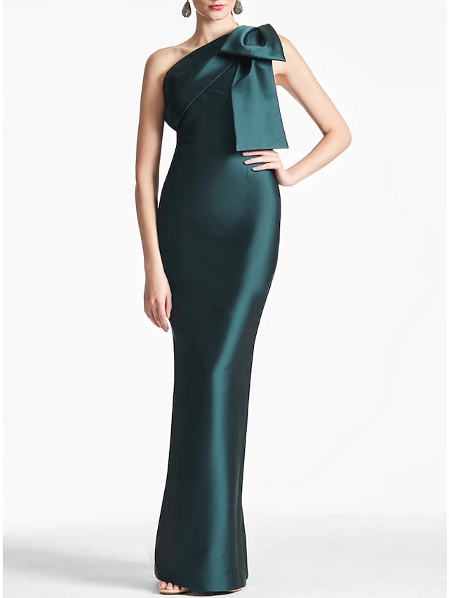 Weitese Dress Mermaid Formal Wedding Guest Ankle Length Sleeveless One Shoulder Satin With Bow(s) Slit Evening Dress