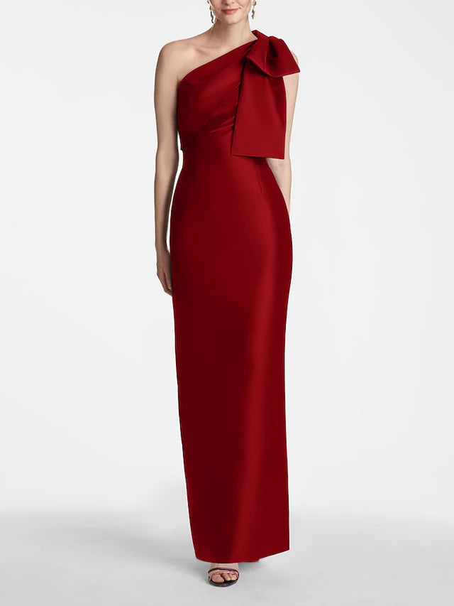 Weitese Dress Mermaid Formal Wedding Guest Ankle Length Sleeveless One Shoulder Satin With Bow(s) Slit Evening Dress