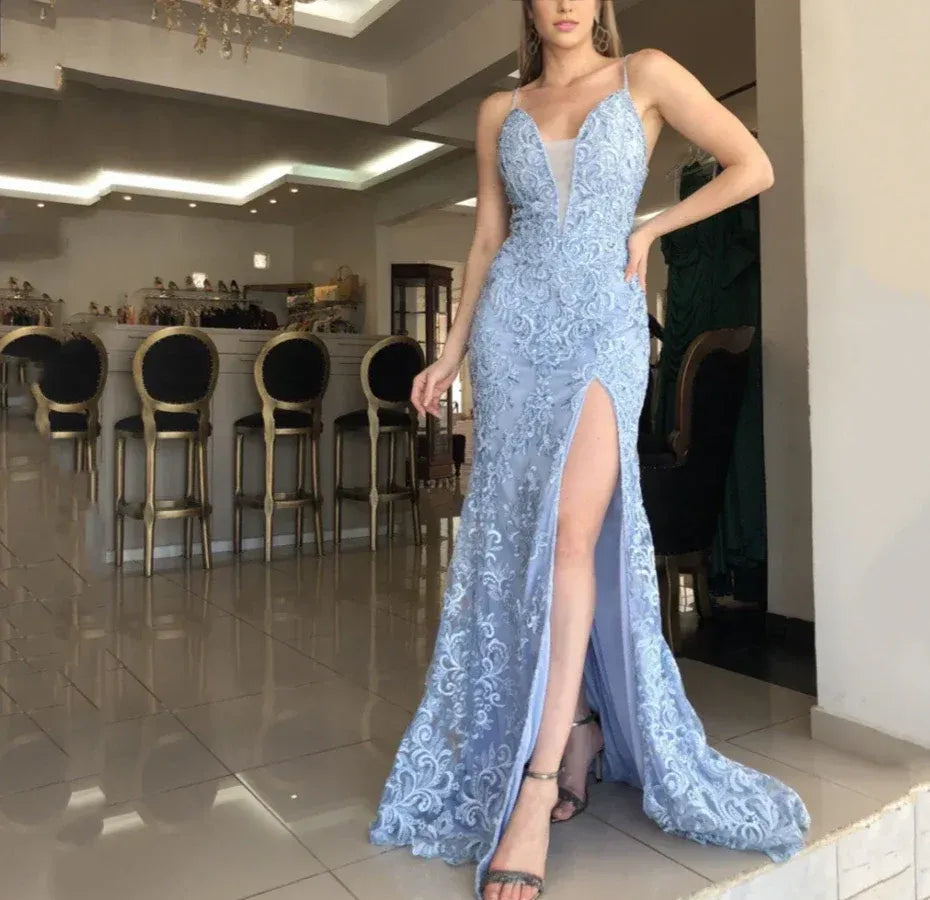 Vestido Weitese de sirena con encaje bordado y abertura lateral, elegante vestido de fiesta con tirantes finos hasta el suelo. 