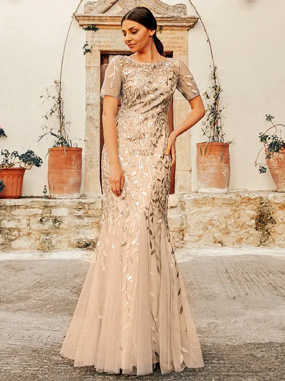 Weitese Dress Mermaid Prom Dresses Short Sleeves Birthday Semi Formal Maxi Dress