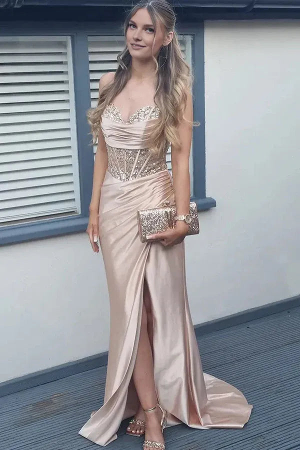 Weitese Dress Mermaid Spaghetti Straps Corset Pleated Long Prom Dress with Slit