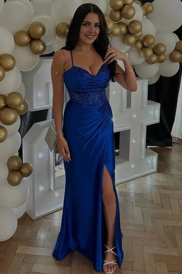 Weitese Dress Mermaid Spaghetti Straps Corset Pleated Long Prom Dress with Slit