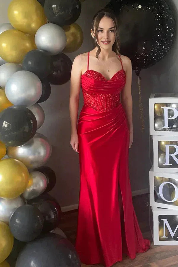 Weitese Dress Mermaid Spaghetti Straps Corset Pleated Long Prom Dress with Slit