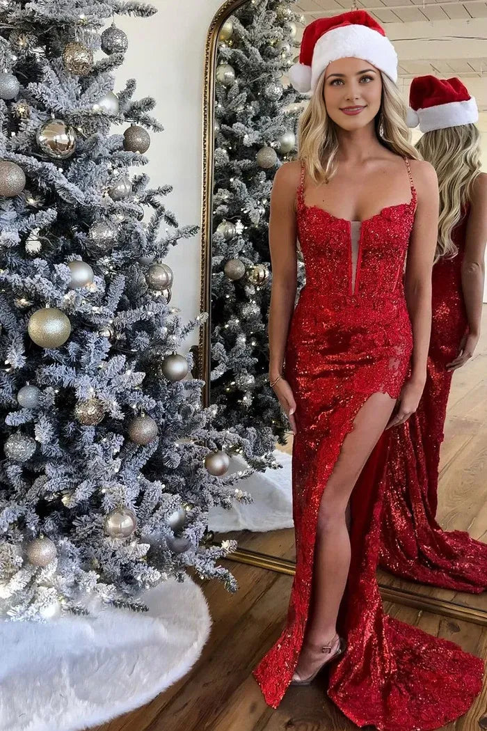 Weitese Dress Mermaid Sparkly Spaghetti Straps Lace Up Sleevelsss Prom Dress With Appliques Split Front