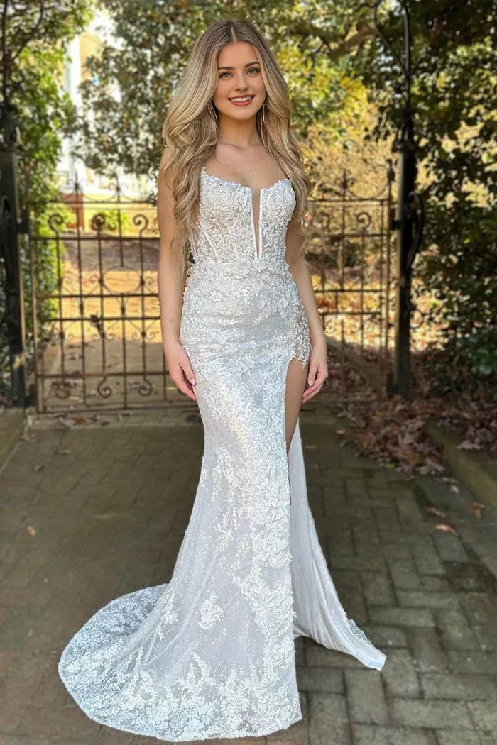 Weitese Dress Mermaid Sparkly Spaghetti Straps Lace Up Sleevelsss Prom Dress With Appliques Split Front