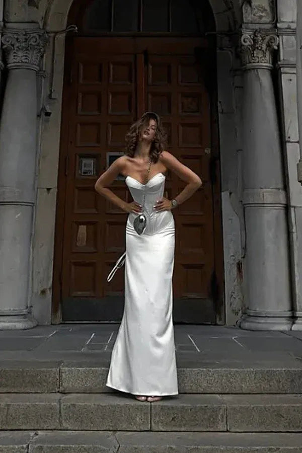 Robe de bal longue en satin blanc avec corset et décolleté en cœur style sirène Weitese 