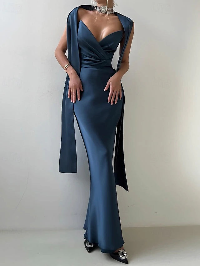 Weitese Dress Mermaid / Trumpet Evening Dress Elegant Formal Dress Wedding Floor Length Sleeveless V Neck Satin Backless With Bow(s) Pleats Slit