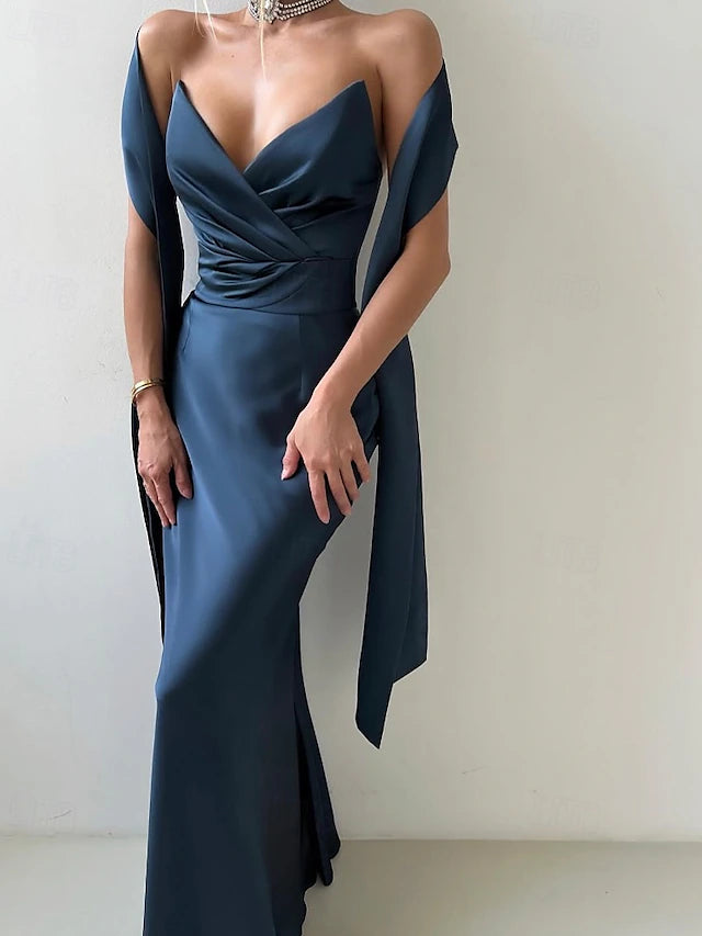 Weitese Dress Mermaid / Trumpet Evening Dress Elegant Formal Dress Wedding Floor Length Sleeveless V Neck Satin Backless With Bow(s) Pleats Slit