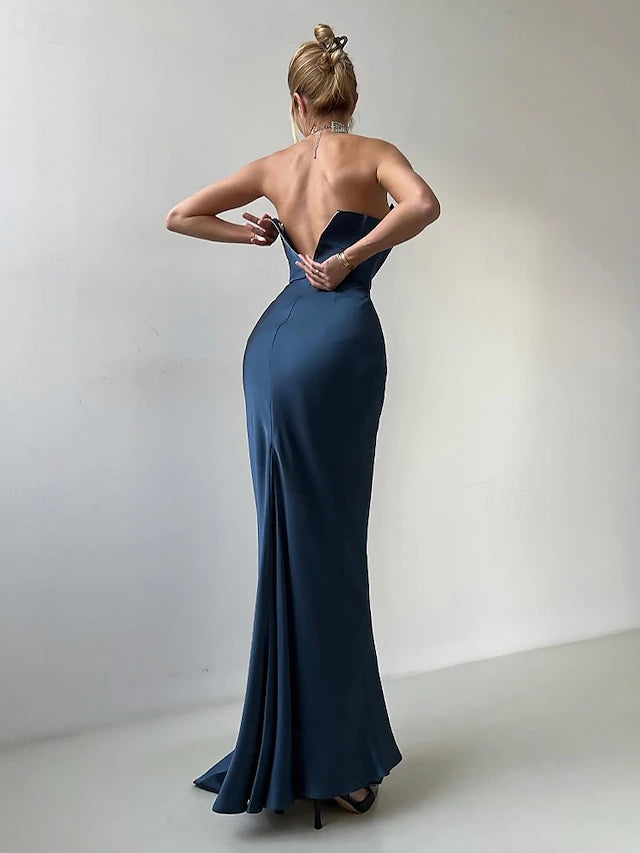 Weitese Dress Mermaid / Trumpet Evening Dress Elegant Formal Dress Wedding Floor Length Sleeveless V Neck Satin Backless With Bow(s) Pleats Slit