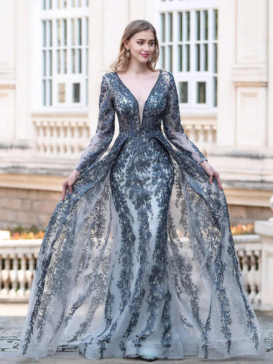 Weitese Dress Mermaid  Trumpet V-neck Fashion Formal Evening Dresses Long Sleeve Floor Length Prom Dresses Party Dress