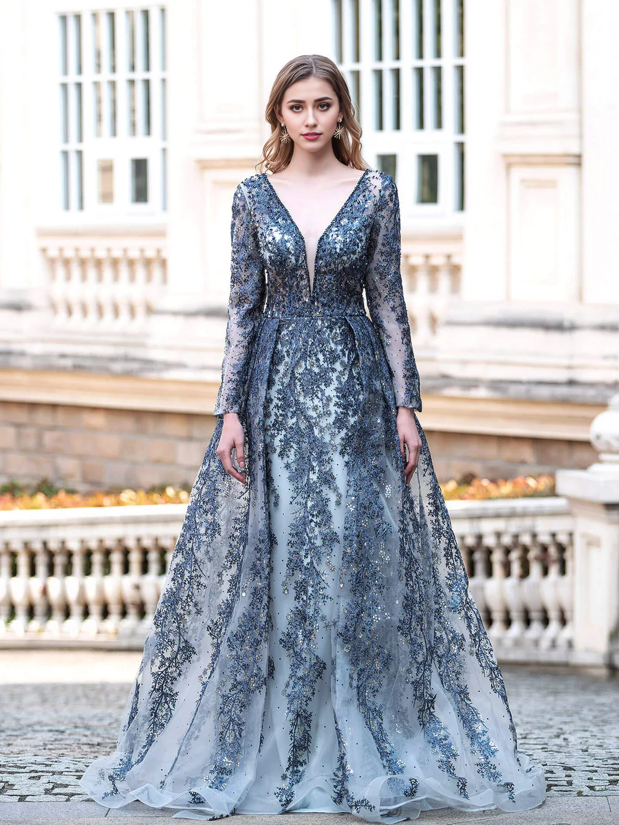 Vestido Weitese de sirena, corte trompeta, escote en V, moda formal, vestidos de noche, manga larga, largo hasta el suelo, vestidos de fiesta. 