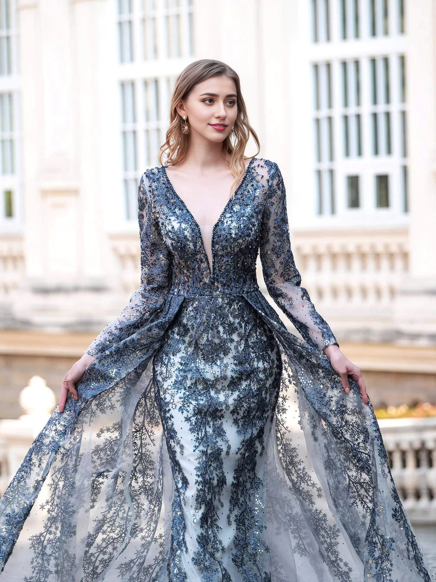 Weitese Dress Mermaid  Trumpet V-neck Fashion Formal Evening Dresses Long Sleeve Floor Length Prom Dresses Party Dress
