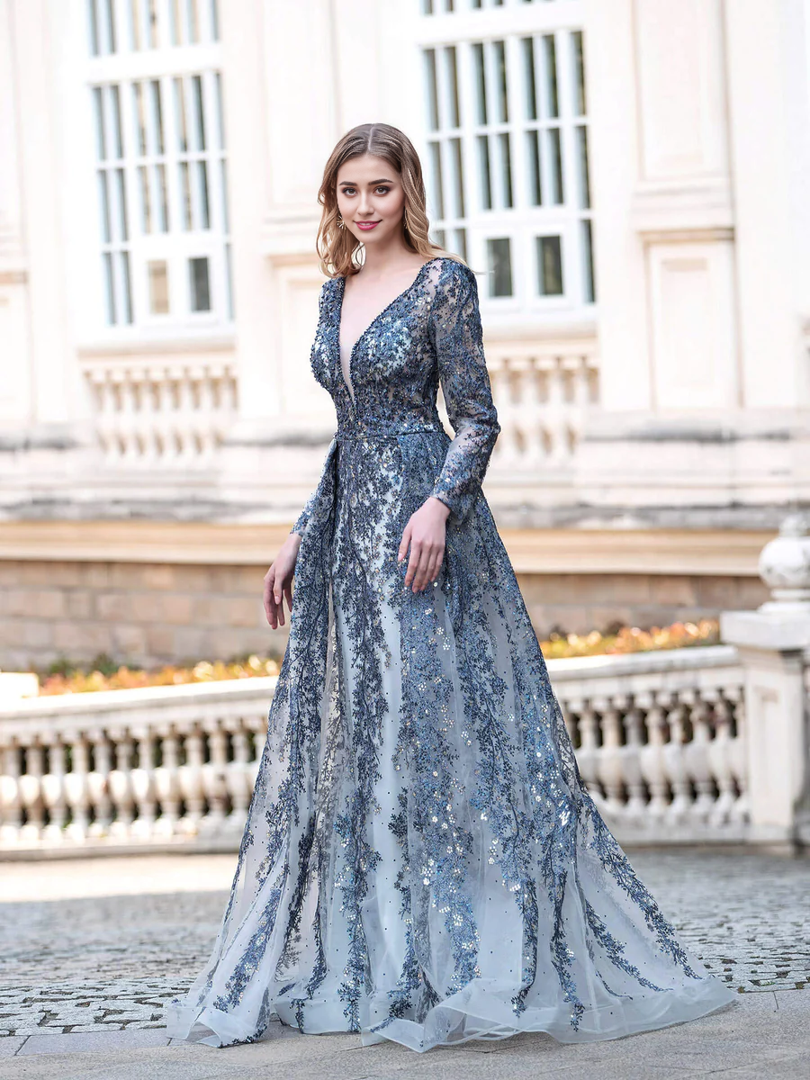 Weitese Dress Mermaid  Trumpet V-neck Fashion Formal Evening Dresses Long Sleeve Floor Length Prom Dresses Party Dress