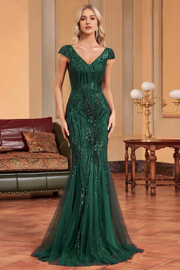Weitese Dress Mermaid Tulle Dark Green V Neck Maxi Dress Prom Dress Sequins Cap Sleeve Evening Dress