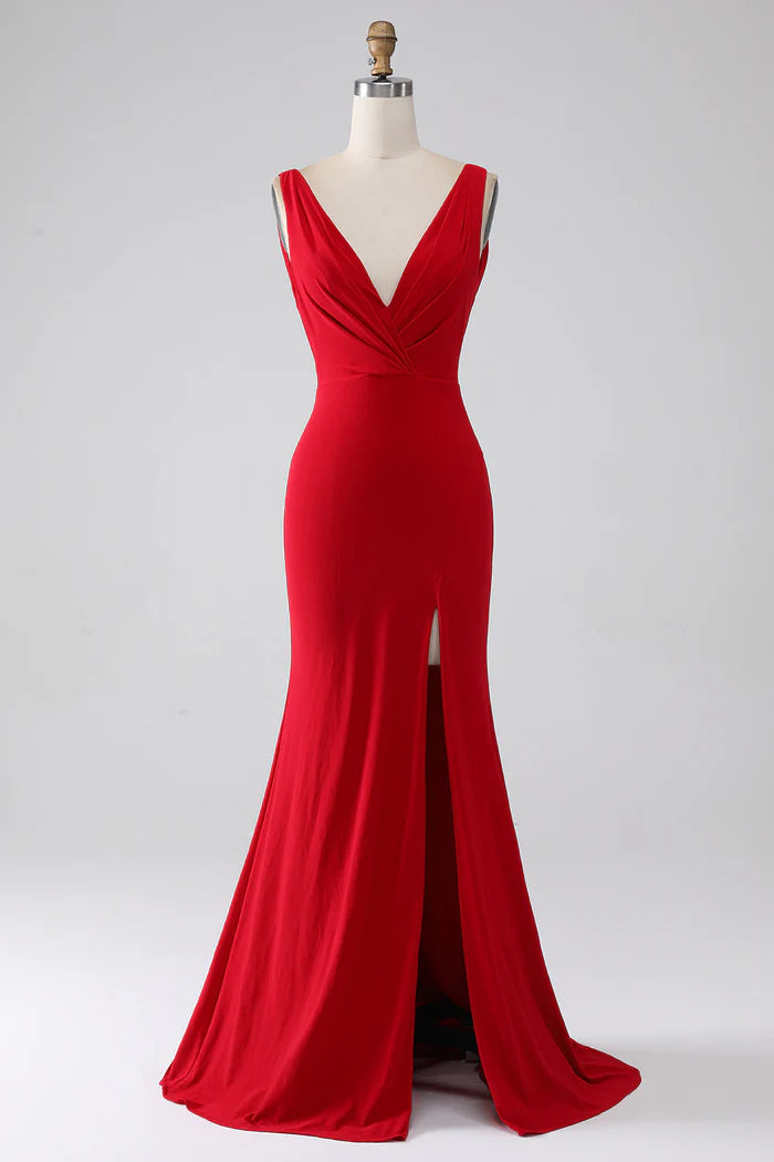 Weitese Dress Mermaid V-Neck Red Party Dress Maxi Dress V Back With Slit Prom Dress