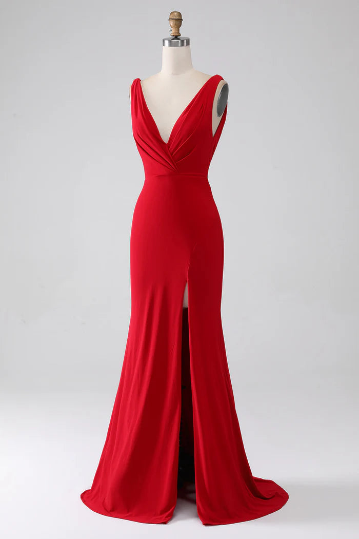 Weitese Dress Mermaid V-Neck Red Party Dress Maxi Dress V Back With Slit Prom Dress