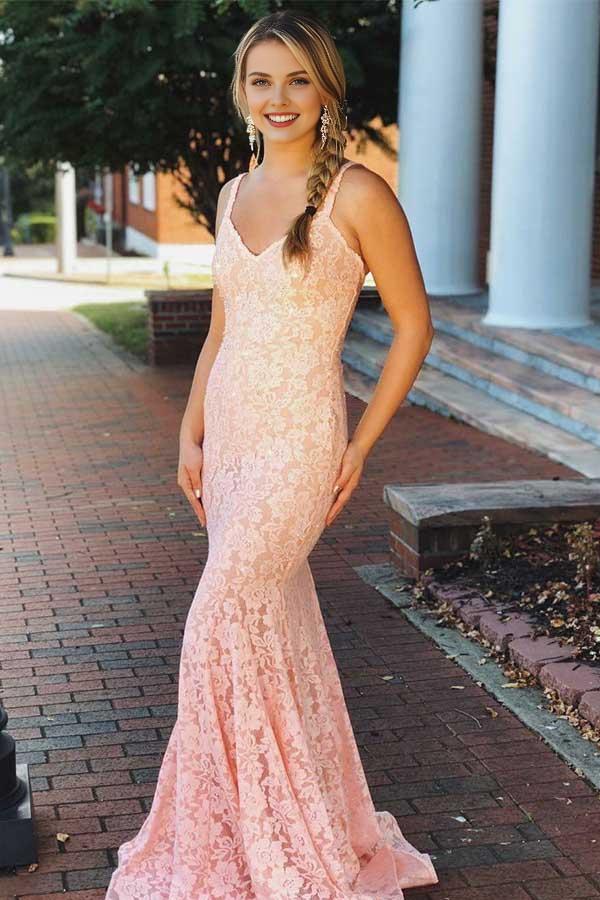 Weitese Dress Mermaid V-neck Sleeveless Pink Lace Backless Prom Dress Beading