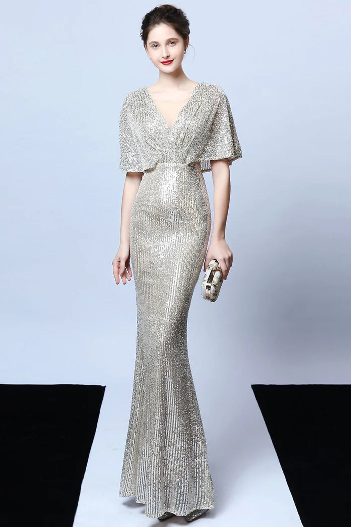 Weitese Dress Mermaid V Neck Dark Green Sequins Long Party Dress With Short Sleeves Prom Dress