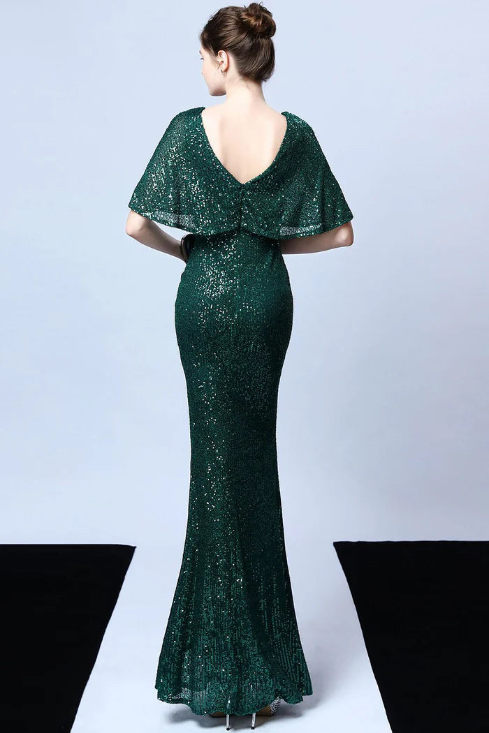 Weitese Dress Mermaid V Neck Dark Green Sequins Long Party Dress With Short Sleeves Prom Dress