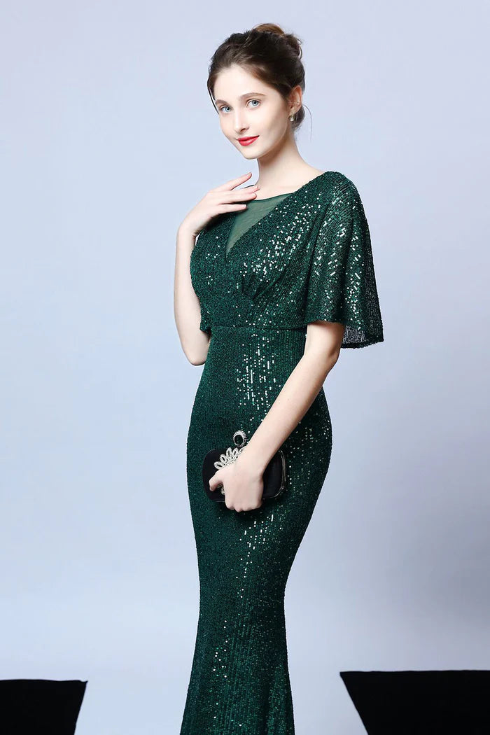 Weitese Dress Mermaid V Neck Dark Green Sequins Long Party Dress With Short Sleeves Prom Dress