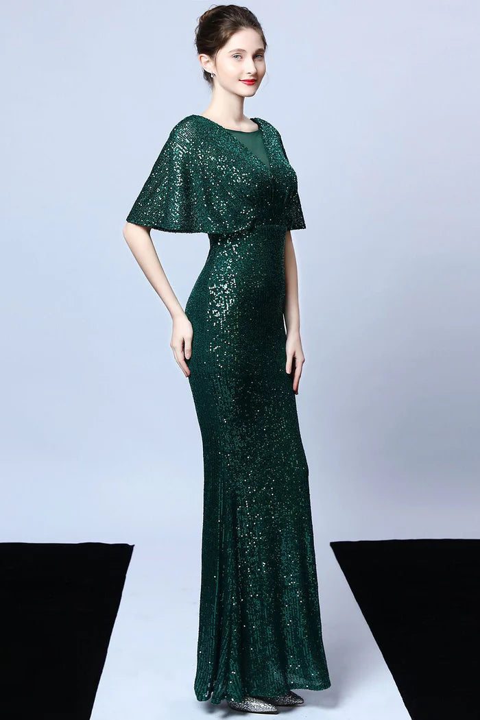 Weitese Dress Mermaid V Neck Dark Green Sequins Long Party Dress With Short Sleeves Prom Dress