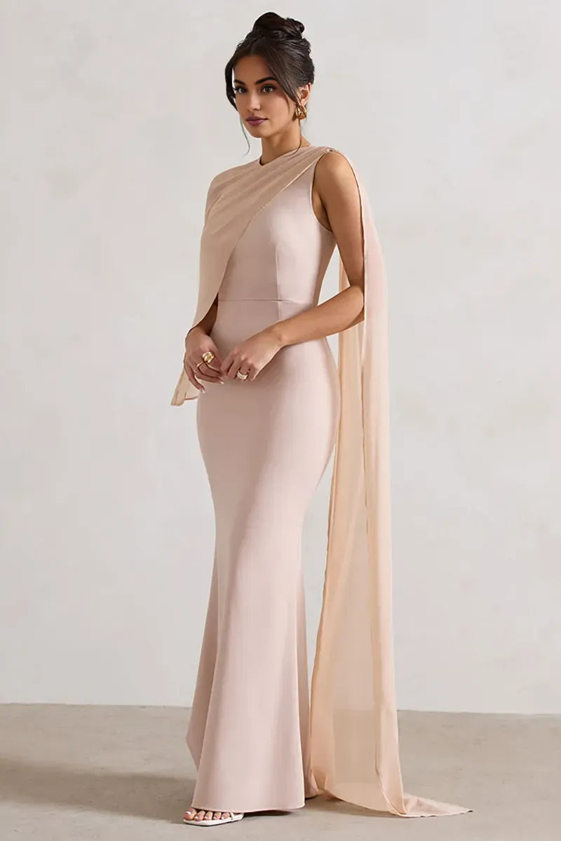 Weitese Dress Mesh Patchwork Asymmetrical Caped Sleeve Bodycon Elegant Gowns Maxi Prom Dresses Black