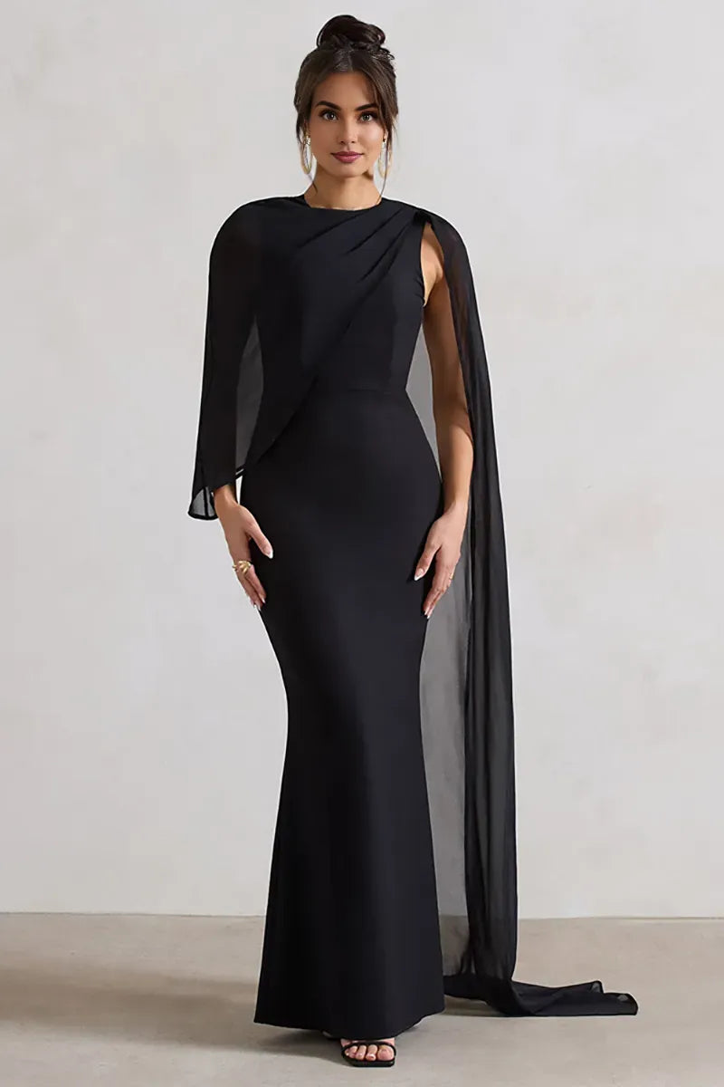 Weitese Dress Mesh Patchwork Asymmetrical Caped Sleeve Bodycon Elegant Gowns Maxi Prom Dresses Black
