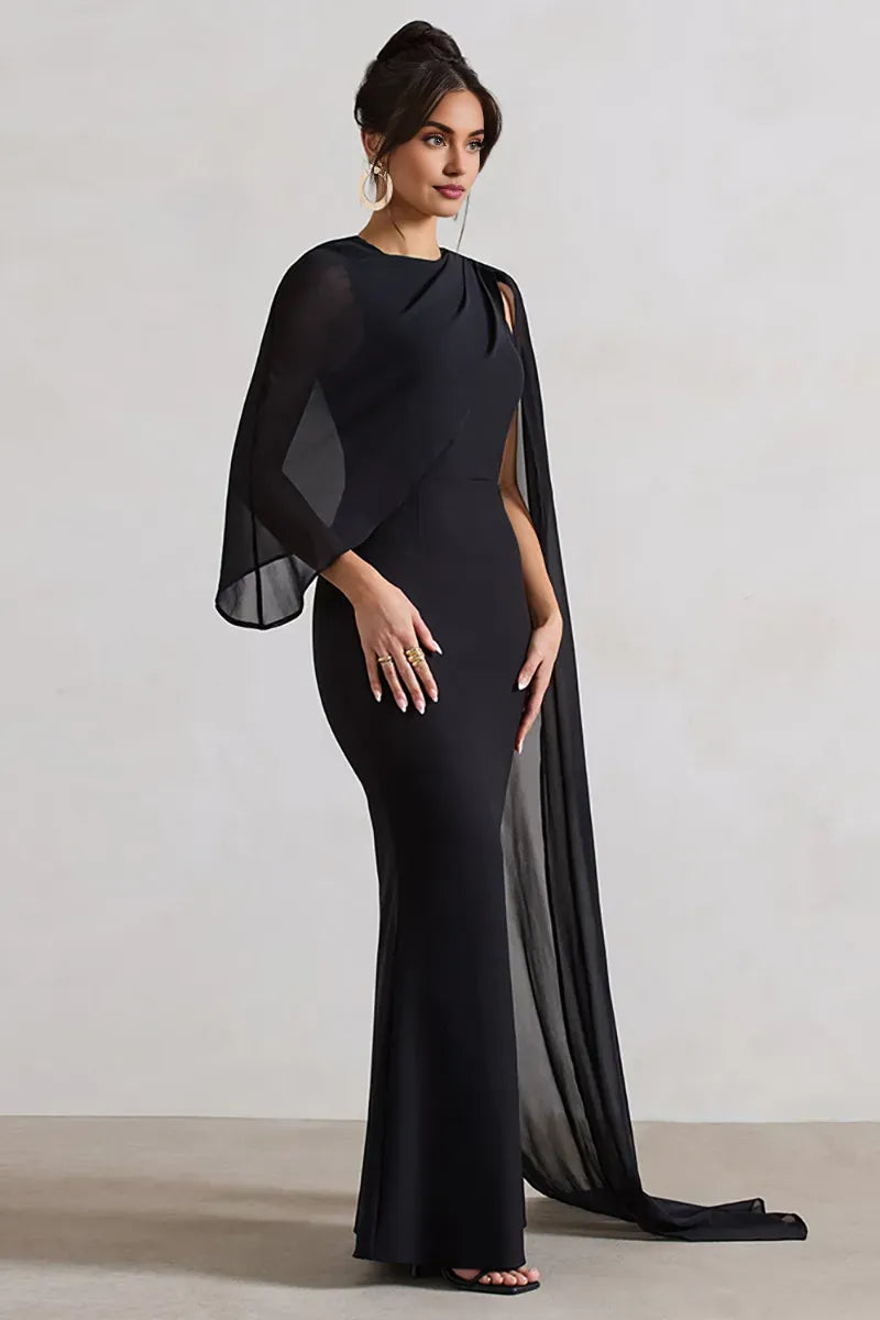 Weitese Dress Mesh Patchwork Asymmetrical Caped Sleeve Bodycon Elegant Gowns Maxi Prom Dresses Black