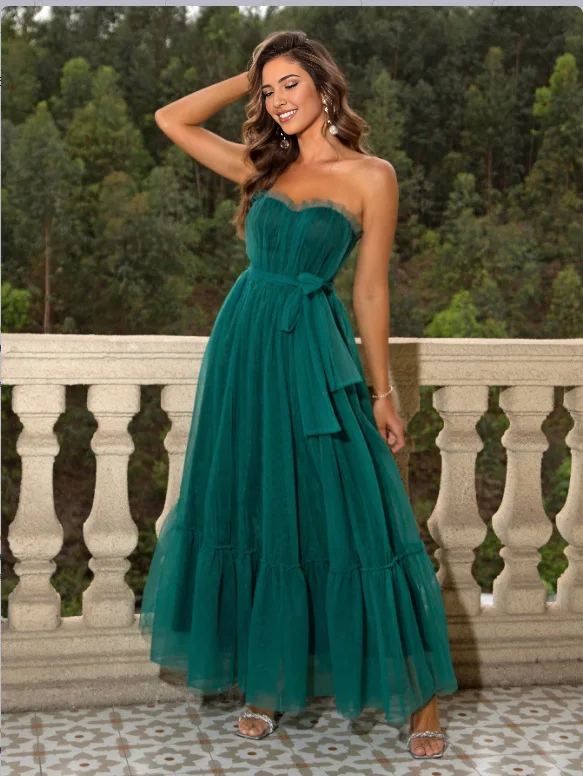 Vestido Weitese de malla sin mangas con hombros descubiertos, verde oscuro, liso, largo, para fiesta, azul cielo, elegante, corte A 