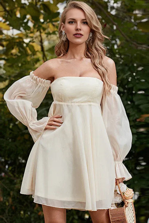 Weitese Dress Mini Off Shoulder Long Sleeve A-Line Party Cocktail Dress Chiffon Zipper Up Homecoming Dress