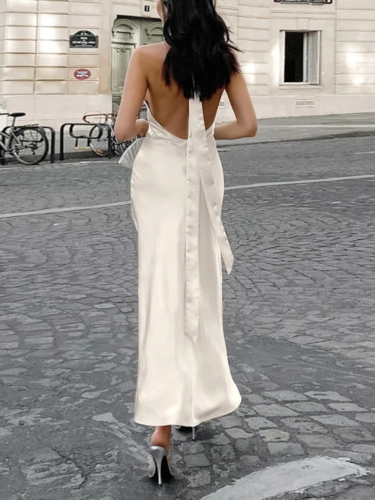 Robe Weitese minimaliste dos nu ajourée pour femme, sans manches, taille haute, patchwork, lacets, slim, irrégulière, robe de bal 