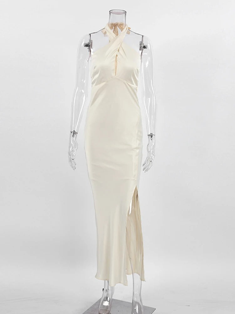 Vestido minimalista Weitese, sin espalda, calado, para mujer, sin mangas, con cuello halter, cintura alta, patchwork, con cordones, ajustado, irregular, para fiesta de graduación. 