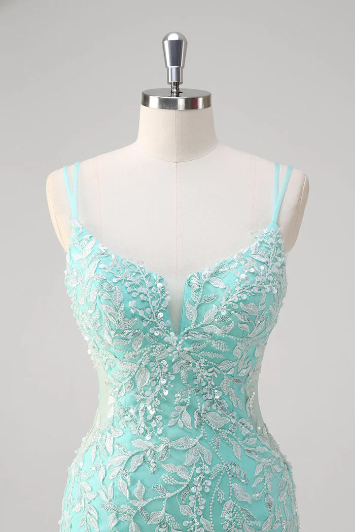 Weitese Dress Mint Floral Mermaid Spaghetti Straps Corset Maxi Dress Prom Dress Sweep Brush Train Slit Evening Dress