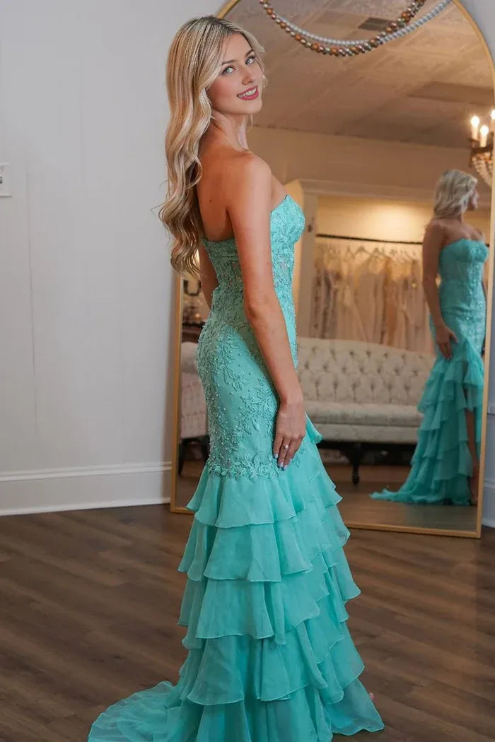 Weitese Dress Mint Green Mermaid Strapless Lace Top Maxi Dress Prom Dress With Tiered
