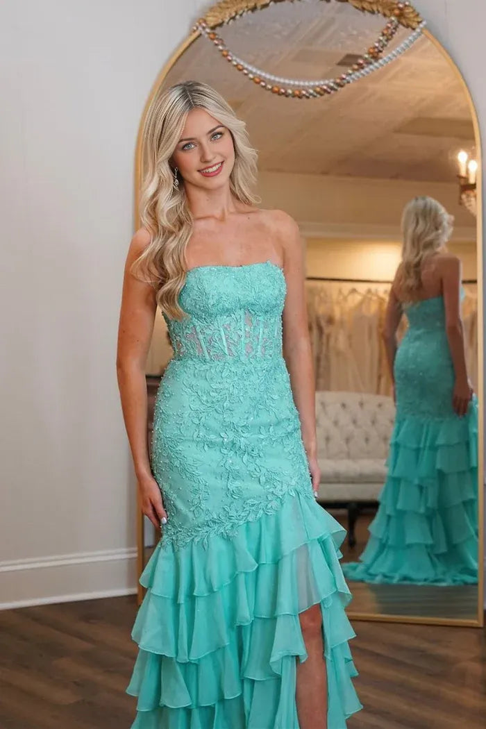 Weitese Dress Mint Green Mermaid Strapless Lace Top Maxi Dress Prom Dress With Tiered