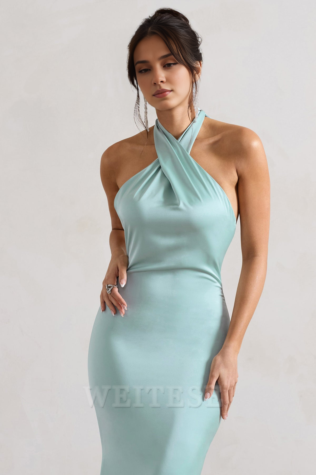 Weitese Dress Mint Green Satin Cross Over Halter-Neck Maxi Dress Prom Dress Low Backless Sleeveless Floor Length Bridesmaid Dress
