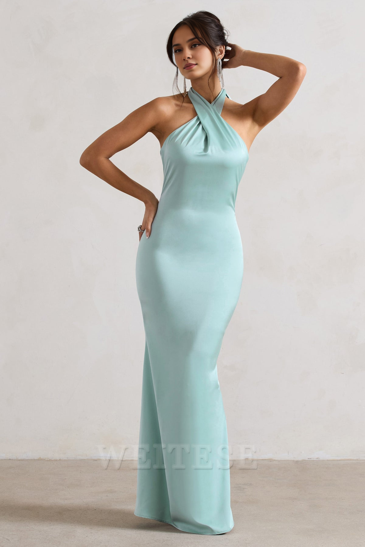 Weitese Dress Mint Green Satin Cross Over Halter-Neck Maxi Dress Prom Dress Low Backless Sleeveless Floor Length Bridesmaid Dress