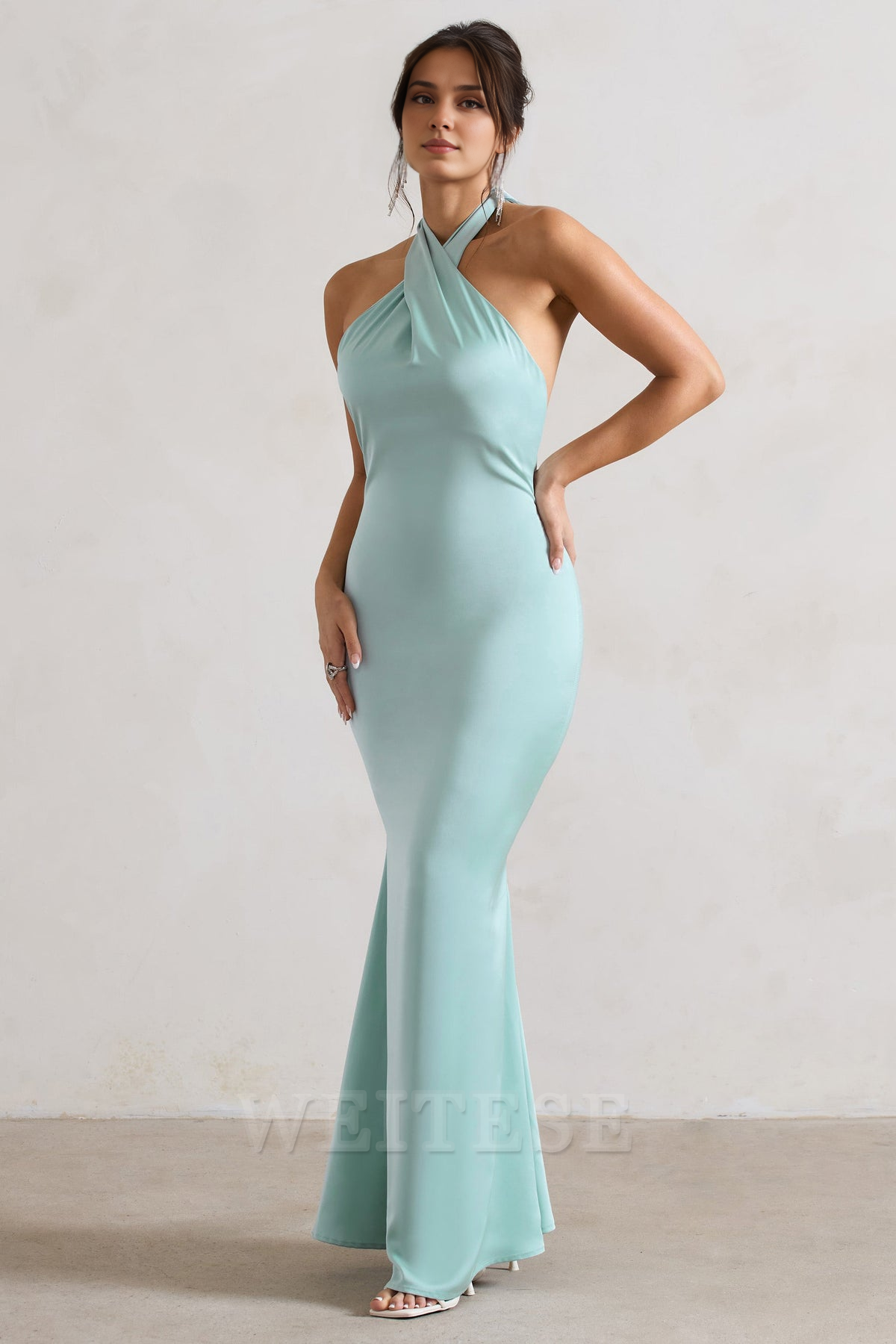 Weitese Dress Mint Green Satin Cross Over Halter-Neck Maxi Dress Prom Dress Low Backless Sleeveless Floor Length Bridesmaid Dress